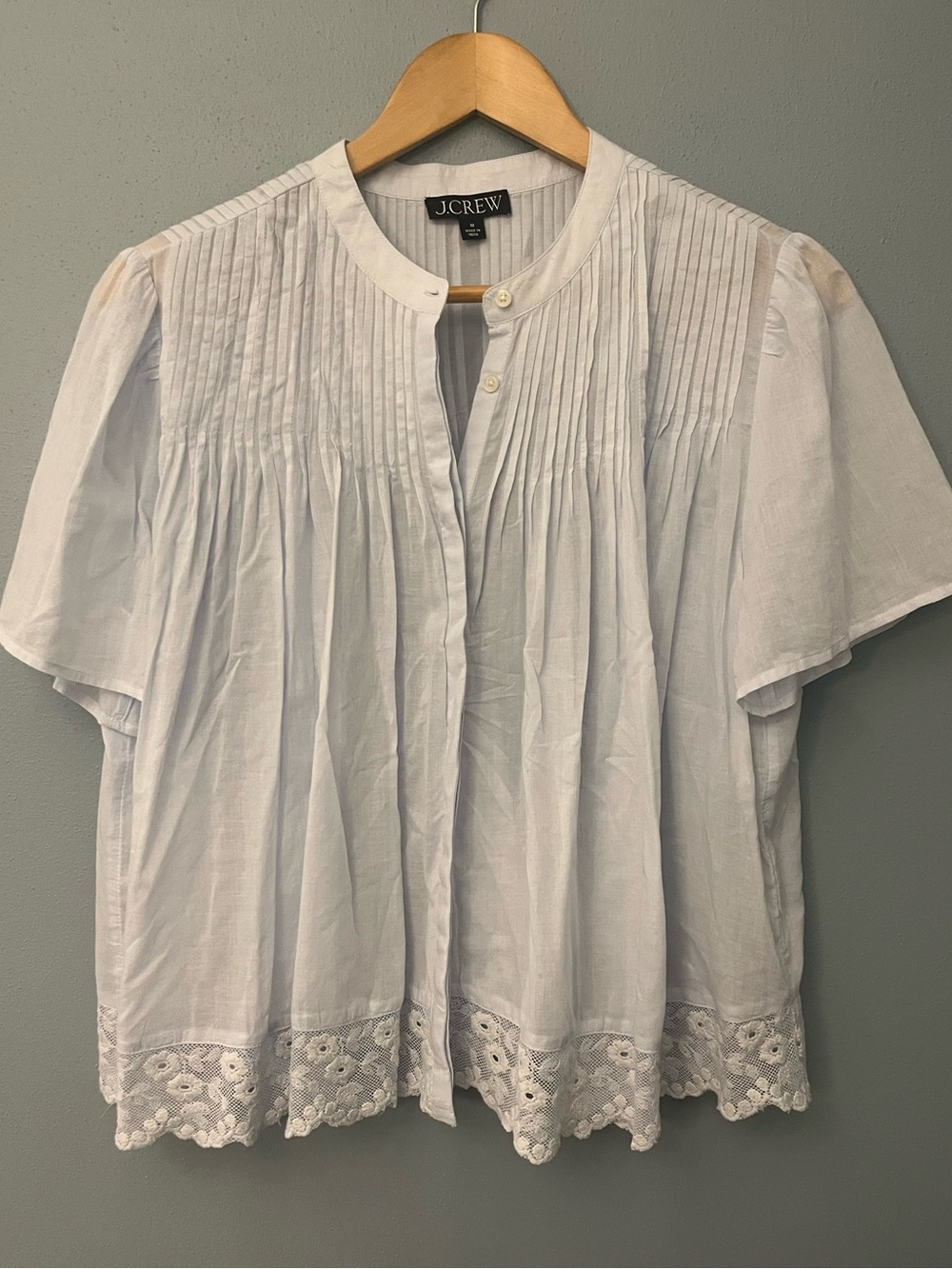 J. Crew White Pintuck Cotton Blouse with Eyelet Hem